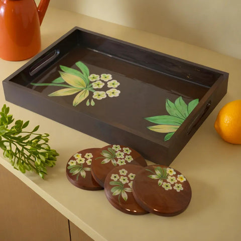 Floral Handcrafted Tray With Coasters