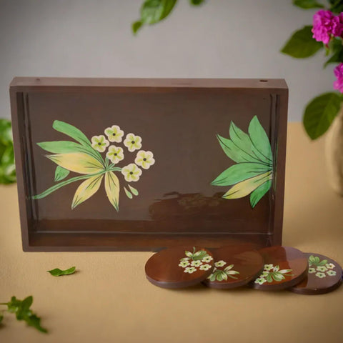 Floral Handcrafted Tray With Coasters